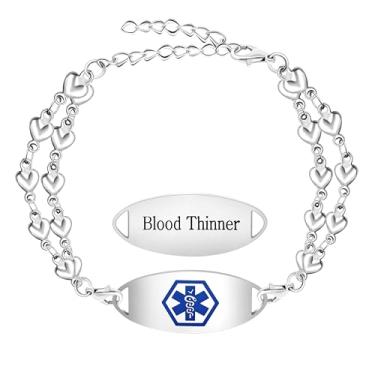 Imagem de Uloveido Pulseira Double Love Heart Link - Joias de alerta médico gravadas personalizadas para doenças do sangue, epilepsia, diabetes, asma, saúde mental, alergias e muito mais, Adjust, Aço inoxidável