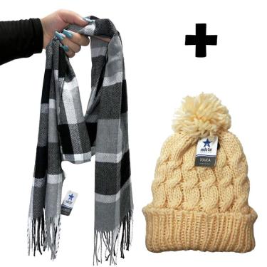 Imagem de Cachecol Xadrez Inverno Frio Festa Junina Touca Pompom Chic