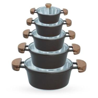 Imagem de Jogo de Panelas 5 Peças De Alumínio Fundido Com Alça De Madeira e Tamp