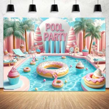 Imagem de Cenário de verão de 1,8 x 1,5 m, decorações de festa na piscina, piscina, piscina, decoração de aniversário, foto de fundo para fotografia, piscina, flamingo, boia salva-vidas, sorvete, fundo de