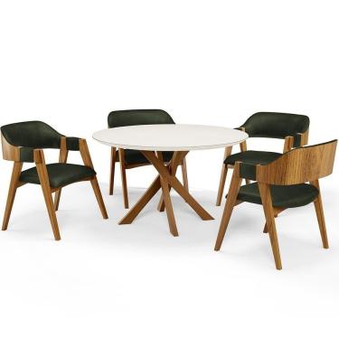 Imagem de Mesa De Jantar Redonda Cora 120cm Off White M04 Com 04 Cadeiras Living Suran Couríssimo Verde Musgo - Lyam