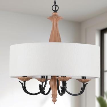 Imagem de Tescruant Lustre Moderno De Tambor Francês 17,3" Em Estilo Country, Luminária Meados Do Século, Madeira Rústica Com Cúpula Linho, Vintage, Envelhecida Para Sala Jantar, Estar E Cozinha, E12