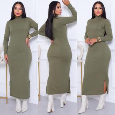 Imagem de Vestido Longo Canelado Ribaninha Premium com Gola Alta e fenda  Elegân
