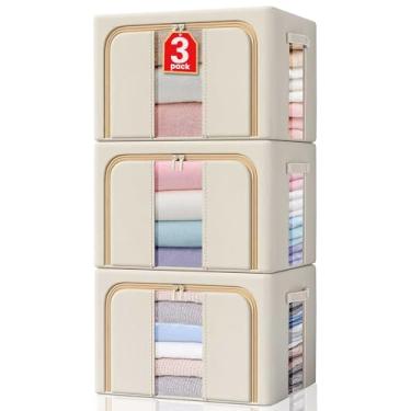 Imagem de 2 compartimentos de armazenamento de roupas com moldura de metal, caixa de armazenamento dobrável, caixas de armazenamento empilháveis com janela transparente e zíperes e alças duráveis para organizar