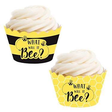 Imagem de Andaz Press Busy Little Bee Baby Shower Coleção de festa de chá de bebê preto e amarelo, envoltórios de cupcake, embalagem com 24, decoração de bolo de xícara reveladora de gênero