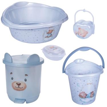 Imagem de Kit Banho Bebê 5 peças Plasútil Bacia Balde Lixeira Decorado (Urso Azul)