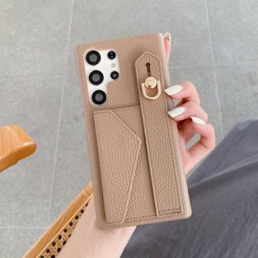 Imagem de Capa tipo carteira de couro sintético de luxo com alça de pulso para Samsung Galaxy S25 S24 S23 S21 S20 FE S22 Plus Note 20 Ultra A52 A53 A54, marrom claro, para A54