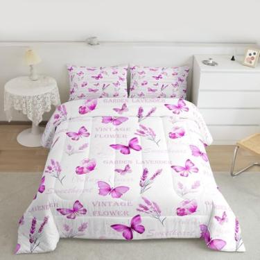 Imagem de Feelyou Jogo de cama solteiro com estampa de borboleta, flores de lavanda e jardim para crianças, decoração de quarto de meninos e meninas, roxo, microfibra ultramacia e respirável