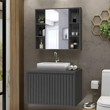 Imagem de Conjunto Gabinete Banheiro Ripado 80cm C/ Cuba e Espelheira - Rainha d