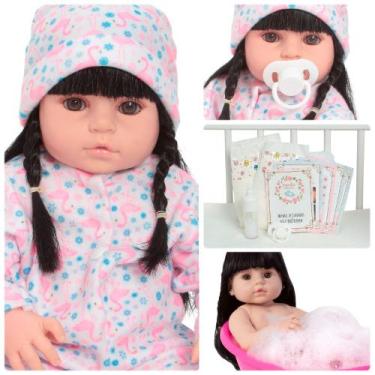 Imagem de Boneca Reborn Bebê Morena Macacão Flamingo Com Acessórios - Cegonha Re