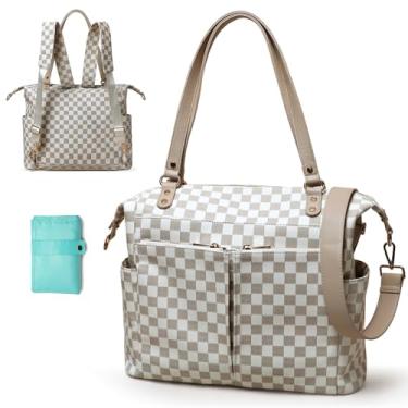Imagem de MOMINSIDE Bolsa de fraldas, mochila de couro 4 em 1 com 14 bolsos, bolsa conversível para bebês para meninos e meninas, registro do bebê, trocador de fraldas, 4 bolsos grandes isolados (cheque)