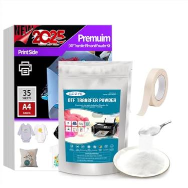 Imagem de Conjunto de filme de transferência DTF e pó DTF, filme PET A4 de 35 folhas, folhas pré-tratadas transparentes de dupla face premium, pó de derretimento a quente de 306 g, kit iniciante DTF para