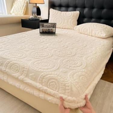 Imagem de Lençol com elástico de veludo fofo e quente para o inverno, capa de colchão de flanela macia, fácil de cuidar, protetor de cama confortável - bege | 180 x 200 cm