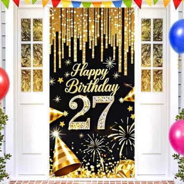 Imagem de HOMETITUTE Capa de porta de aniversário de 27 anos 178 x 89 cm faixa de porta de aniversário preta e dourada para decorações de festa sinal de fundo número diamante para meninas meninos adultos