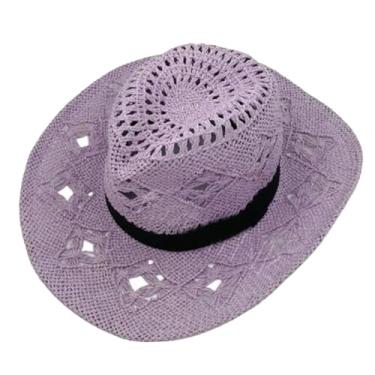 Imagem de Chapéu de palha de cowboy de crochê feminino masculino cor sólida aba larga chapéu de sol vazado boné de vaqueira roxo 56 a 58 cm