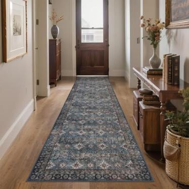 Imagem de Arvenchy Tapete azul vintage lavável 5 x 15 cm para corredor cozinha quarto ao lado de lavanderia tapete de banheiro, tapete antiderrapante resistente a manchas, azul bege