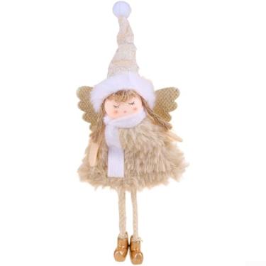 Imagem de Pingente de pano para pendurar menina anjo de Natal para árvore ou guirlanda, tecido macio, damasco, cinza, branco, rosa, 21 x 8 cm, leve, 17 g, para decoração de festa festiva