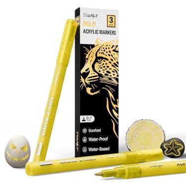 Imagem de JusArt Pacote com 3 marcadores de tinta acrílica dourados, canetas de tinta acrílica de ponta fina de 0,7 mm para pintura rupestre, projetos de arte, cerâmica, vidro, madeira, metal, tecido, faça você