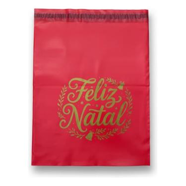 Imagem de Envelope de Segurança Natalino, Hi Pack, Plástico, Vermelho com Tema Feliz Natal, Diversos Tamanhos, Auto Vedação, Retangular, 50 Unidades, para Comércio Eletrônico Ecommerce (26x36cm)
