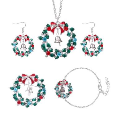 Imagem de Conjunto de joias de Natal para mulheres, grinalda de flores coloridas, laço vermelho, pingente de sino, brincos de guirlanda verde, ouro, prata, broche de sino, pulseira ajustável para presente de