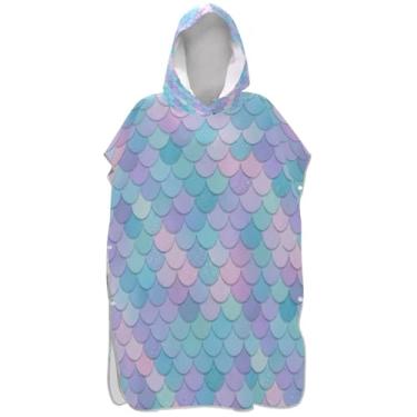 Imagem de Joisal Poncho de surfe trocador de roupão para toalha de banho com capuz de praia plus size unissex poncho adulto com capuz iridescente pastel sereia escamas azul