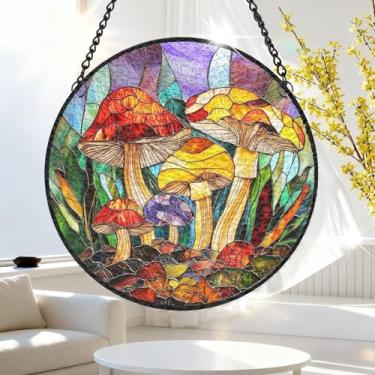 Imagem de 1 peça de decoração suspensa de acrílico colorido, cogumelos florestais, decoração de janela de 18 cm, com design de vitral impresso, ideia de presente e ornamento de jardim, uso interno e externo/ZSW