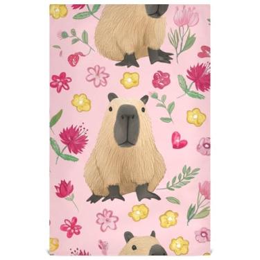 Imagem de Joisal Lindas flores capivaras toalhas de prato decorativas de azulejo rosa para cozinha toalhas de mão de chá fofas lavar pratos absorventes de banheiro 45 x 71 cm, pacote com 6