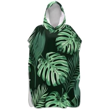 Imagem de Joisal Poncho de surf vestível para adultos trocador de roupa de praia com capuz toalha de banho verde tropical folhas monstera ponchos femininos com capuz