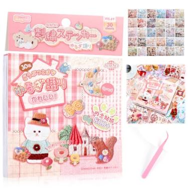 Imagem de EYEOO Livro de adesivos japoneses com 30 folhas adesivos estéticos mais de 800 + fofo estilo showa antigo kawaii vintage tema animal e planta para scrapbooking diário manual decoração rosa