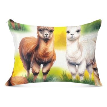 Imagem de Fronha fofa em aquarela com estampa divertida de grama lhamas e zíper para travesseiro padrão Queen King para cama de casa, tamanho padrão, 51 x 66 cm