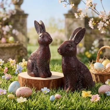 Imagem de Thyle Conjunto de 2 estátuas de coelho de resina chocolate, estatueta de coelho marrom da Páscoa, decoração de casa, arte moderna, estátuas para decoração de casa de primavera, decorações de Páscoa