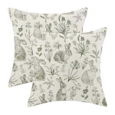 Imagem de Sorktse Capas de almofada de Páscoa verde sálvia 45,7 x 45,7 cm, conjunto de 2 almofadas florais de coelhinho da páscoa, decoração ao ar livre, coelho, botânica, flor, fronhas de linho para cama, sofá