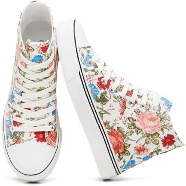 Imagem de yageyan Tênis feminino de lona de cano alto moderno com cadarço branco para mulheres, casual, clássico, Vermelho, 37