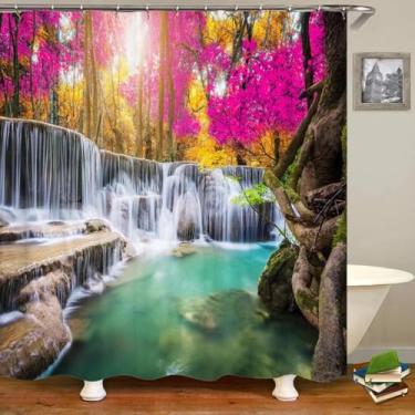 Imagem de Nature Forest Waterfall Cortina de chuveiro 3D paisagem cortinas de banheiro tecido impermeável com ganchos decoração de banho para casa 69x70in-176x178 cm/LxA