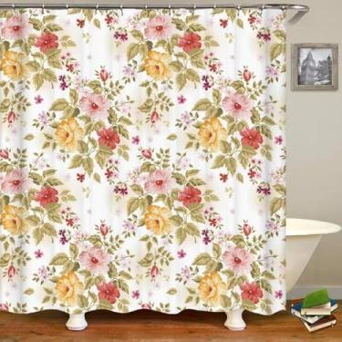 Imagem de Lindas flores cortina de chuveiro floral tela de banho 3D tecido impermeável decoração de banheiro grande com gancho cortinas de chuveiro 113 x 220 cm/LxA, resistente a mofo