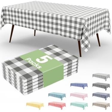 Imagem de misaya Pacote com 5 toalhas de mesa descartáveis de búfalo, 137 x 272 cm, toalha de mesa de plástico impermeável, retangular, branca e cinza, para piquenique, aniversário, festa