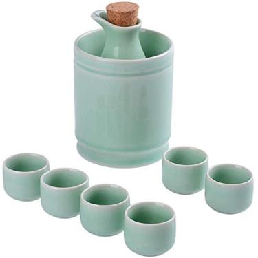 Imagem de Conjunto de saquê de saquê conjunto de 8 peças de saquê de cerâmica com panela aquecida, conjunto de copos de vinho Celadon, conjunto tradicional de copos de saquê para frio/quente/shochu/chá