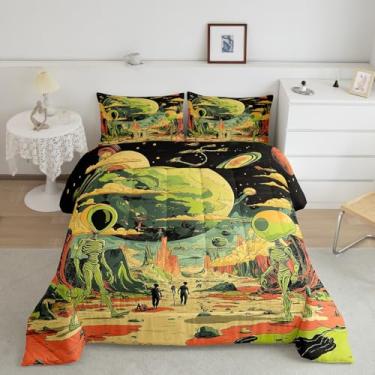 Imagem de Feelyou Conjunto de edredom de desenho animado de alienígena, tamanho Queen, para adultos, meninos, meninas, alienígena, tema espaço sideral, conjunto de edredom planeta, 3 peças