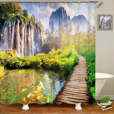Imagem de Cortina de chuveiro 3D Nature Forest Waterfall Cortinas de banheiro paisagem tecido impermeável com ganchos decoração de casa cortina de banho 79 x 84 pol. - 200 x 213 cm/LxA