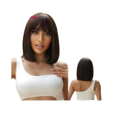 Imagem de Peruca Sintética Curta Marrom Escuro Com Franja, Lisa, Cosplay Lolita,