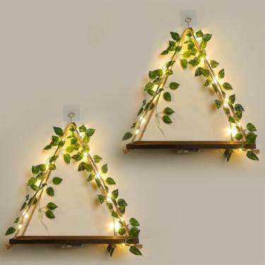 Imagem de Prateleira para parede, decoração de parede, decoração de plantas, prateleiras flutuantes, prateleiras flutuantes para parede, sem perfuração, prateleiras adesivas, folhas decorativas e tiras de luz,