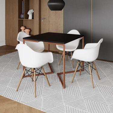 Imagem de Mesa Industrial Jantar Preta Quadrada 90Cm Base Cobre V Com 4 Poltronas Brancas Madeira Preto