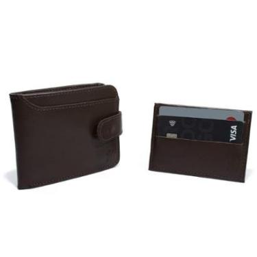 Imagem de Kit Carteira Couro Masculina Fecho Botao Pressao Repartiçoes Documentos Com Porta Cartao Slim-Masculino