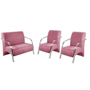 Imagem de Conjunto Poltrona Decorativa Sevilha Braço Alumínio Suede Rosa - ARTE 