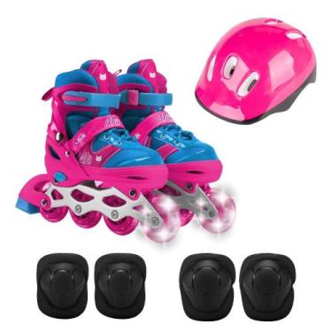 Imagem de Patins Infantil Feminino Travessos 4 Rodas Esporte Com Led E Acessório