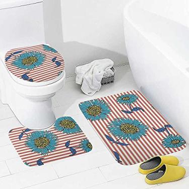 Imagem de Conjunto de tapetes de banheiro e 3 peças de flores listradas rosa branco, tapete de banheiro lavável antiderrapante, tapete de contorno e tampa para banheiro