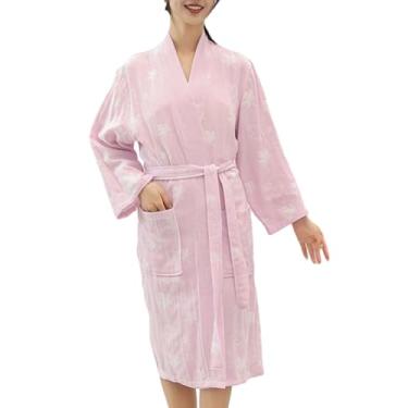 Imagem de CRETUAO Roupão feminino comprimento até o joelho toalha banho feminino absorção rápida respirável pijama fino chuveiro spa homens mulheres casal, Folhas de bordo rosa claro, GG