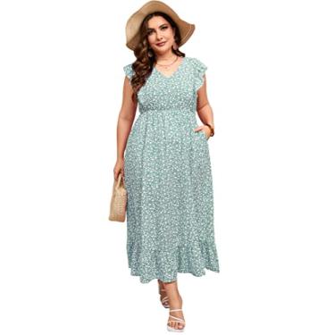Imagem de KOJOOIN Vestido feminino plus size de verão com bolso com babados, sem mangas, decote em V, fenda lateral, vestido longo de praia, Flor verde - 1, XGG