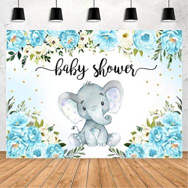 Imagem de MAYSSKQ Pano de fundo de elefante para chá de bebê, com bolinhas douradas, azul, floral, para chá de bebê, selva, safári, chá de bebê, suprimentos de decoração de festa (2,1 x 1,5 m)