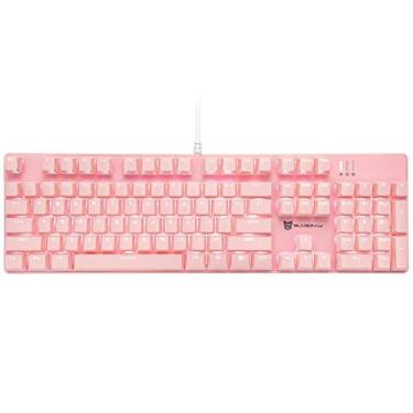 Imagem de Merdia Teclado mecânico para jogos | Teclado vermelho com luz de fundo rosa | Layout dos EUA com 104 teclas | Teclado para jogos com fio | Teclado mecânico Hot Swap | Teclados para jogos de PC
